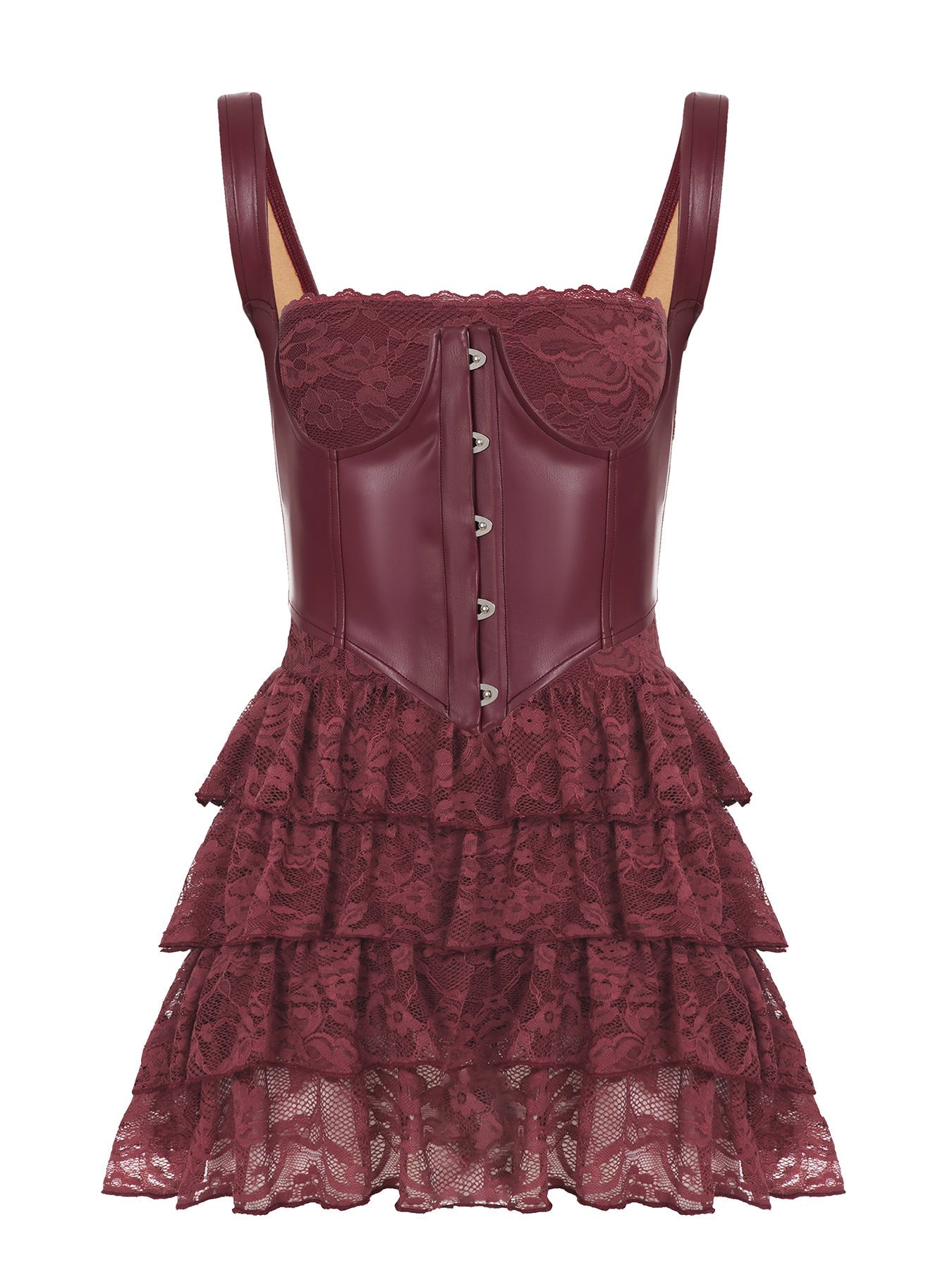 Bella Mia Sexy Leather Bra Strap Lace Stitching Puffy Tiered Dress Summer Set — alternate view