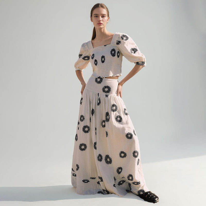 Bella Mia Korean Casual Summer Square Collar Puff Sleeve Peplum Top High Waist Print Skirt Set — detail and construction