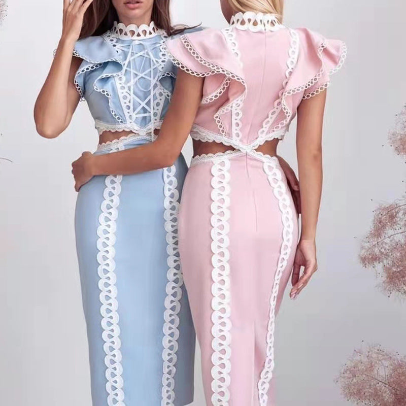 Bella Mia Elegant Women Hip Sexy Solid Color Ruffles Stitching Scheming Hollow Out Cutout out Maxi Dress — main product shot