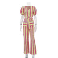 Women Clothing Striped Casual V neck Puff Sleeve Cardigan Top Trousers Two Piece Sets