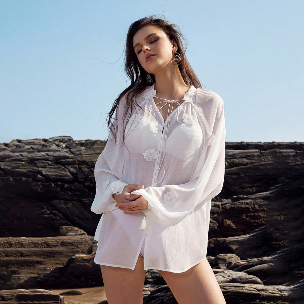 Bella Mia Solid Color Sexy See through Chiffon Beach Cover up Bikini Swimsuit Beach Shirt Women — main product shot