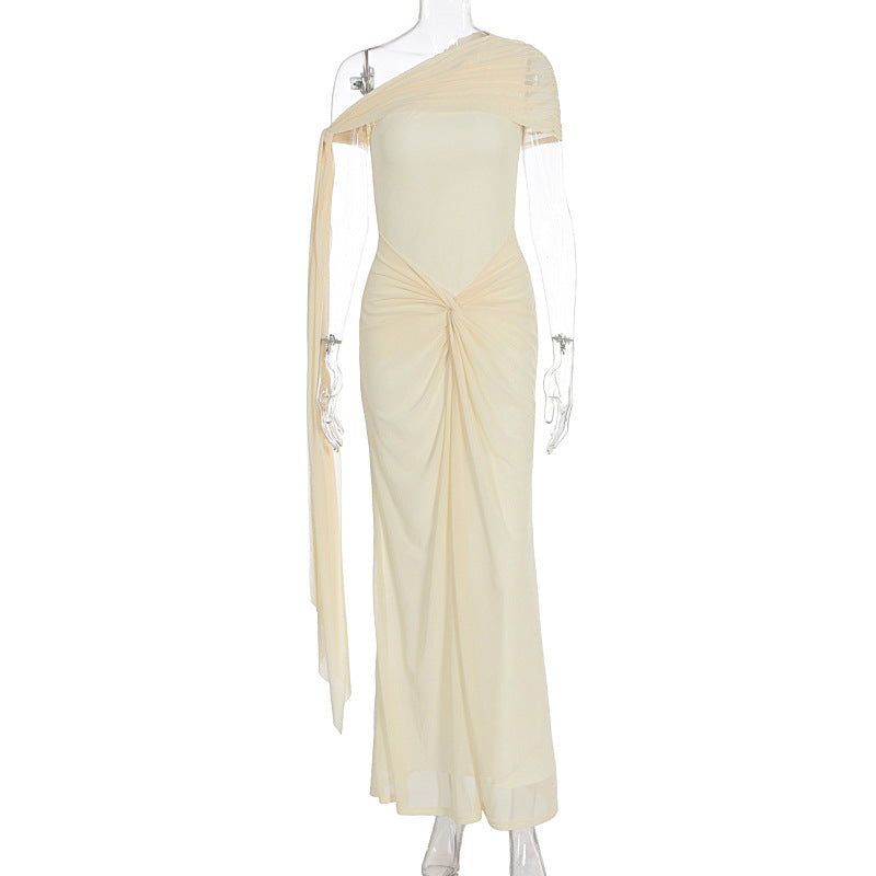 Women Clothing Oblique Shoulder Irregular Asymmetric Maxi Dress Pleated Slim Summer Dress for Women