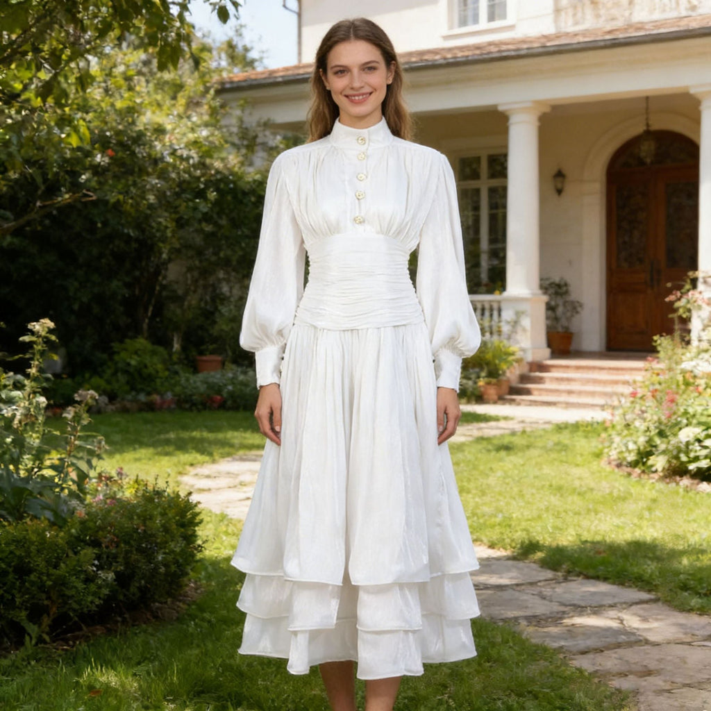 Bella Mia Spring Elegant Retro Lantern Sleeve Breasted Ruffled Maxi Dress Waist Slimming Dress — main product shot