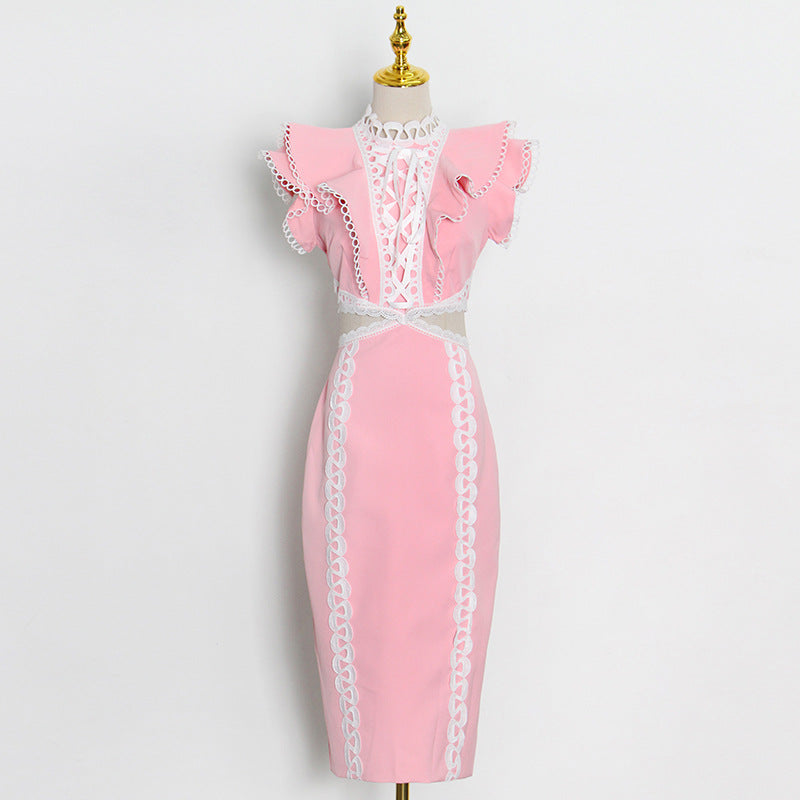 Bella Mia Elegant Women Hip Sexy Solid Color Ruffles Stitching Scheming Hollow Out Cutout out Maxi Dress — detail and construction