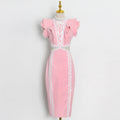 Bella Mia Elegant Women Hip Sexy Solid Color Ruffles Stitching Scheming Hollow Out Cutout out Maxi Dress — detail and construction