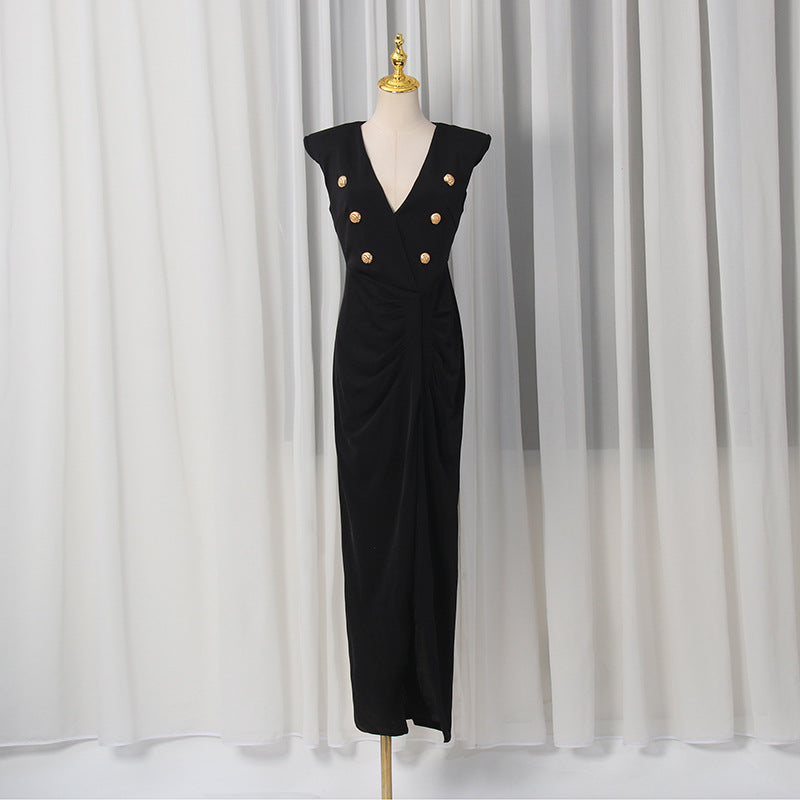 Bella Mia Spring V neck Sleeveless Design Split Dress Tight Waist Slimming Metal Decorative Dress Women — lifestyle context