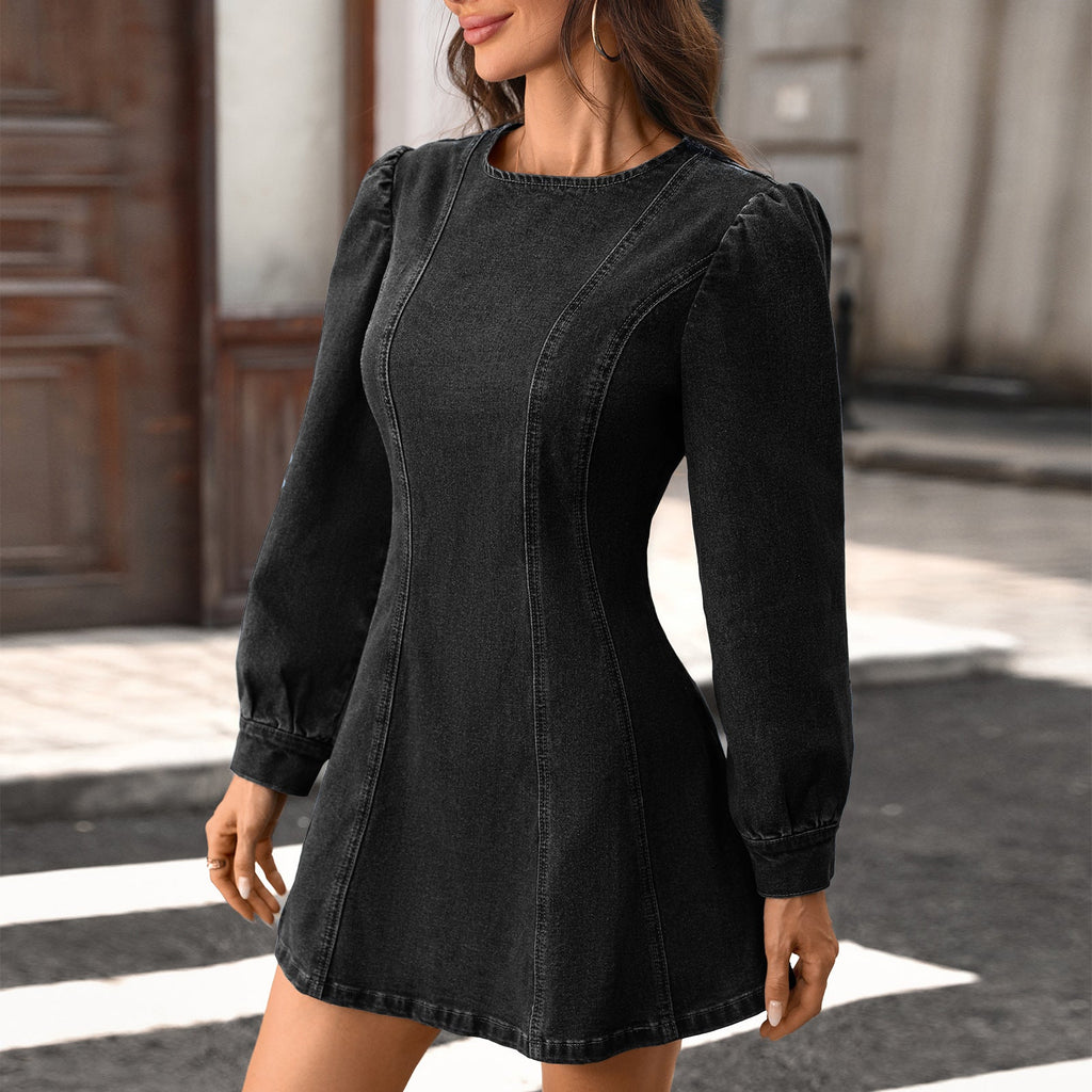 Round Neck Slim Fit A line Washed Slimming Long Sleeve Denim Dress for Women
