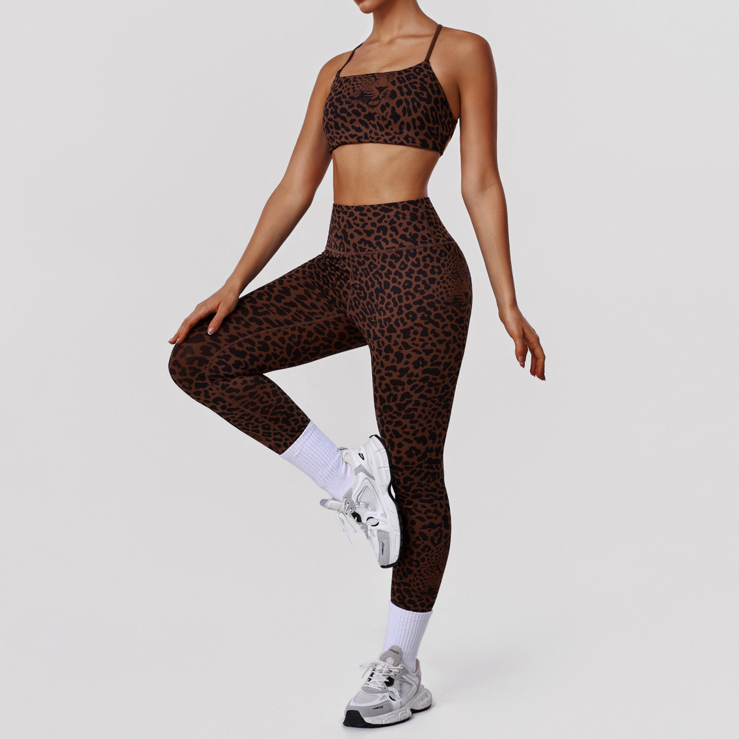 Bella Mia Leopard Print Tight Yoga Women High Waist Hip Raise Pants Thin Strap Beauty Back Exercise Bra Fitness Two Piece Sets — detail and construction