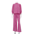 Stand up Collar 3/4 Sleeve Cardigan Shirt Loose Trousers Casual Two Piece Sets Shirt Women