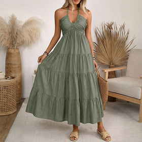 Summer Halter Vacation Maxi Dress Graceful Fashionable Backless Smocking Dress Women