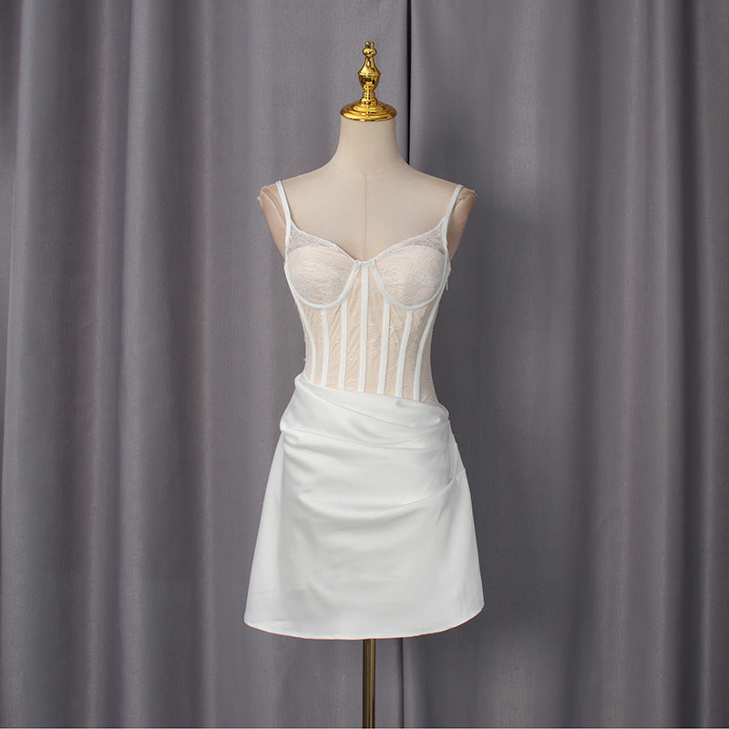 Bella Mia Spring Sexy Sweet Waist Slimming Boning Corset Mesh Splicing Sling Dress Women — detail and construction