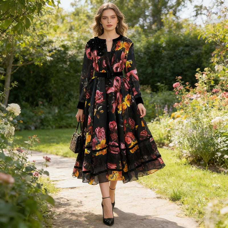 Bella Mia Spring High Grade Printed V neck Dress Tight Waist Slimming Flared Sleeves Stitching Lace Dress Women — main product shot
