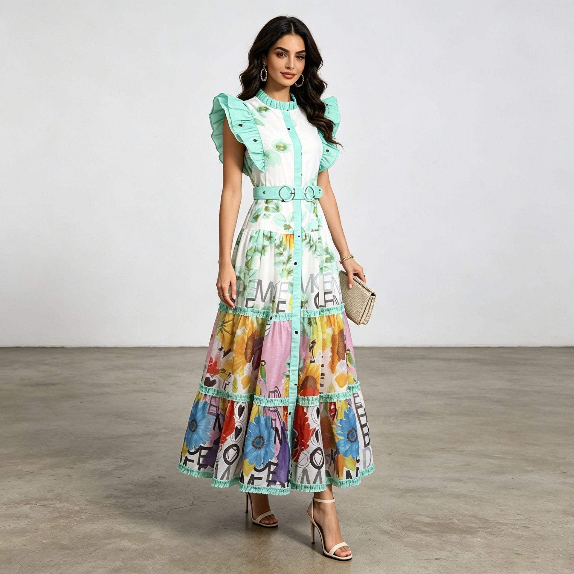 Retro Artistic Printed Dress Summer Stand Collar Ruffle Feifei Long Loose Dress Women