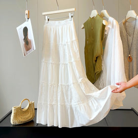 White Three Dimensional Floral Skirt Women Summer High Waist Slimming A line Splicing Tiered Long Skirt