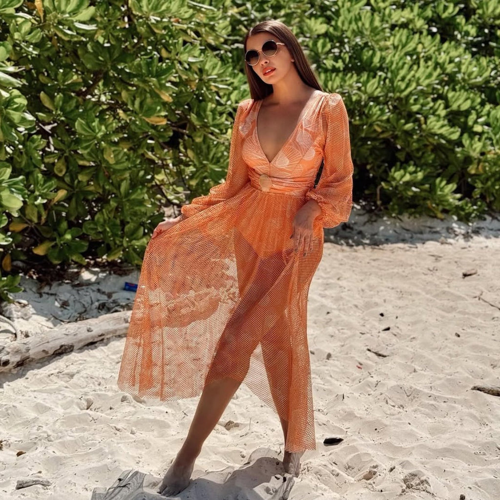 Women Swimsuit V neck Mesh Long Sleeve Glossy Shell Printed One Piece Swimsuit Two Piece Set