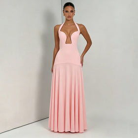 Women Clothing Summer Solid Color Casual Elegant Sleeveless Halter Backless Slim Fit Maxi Dress