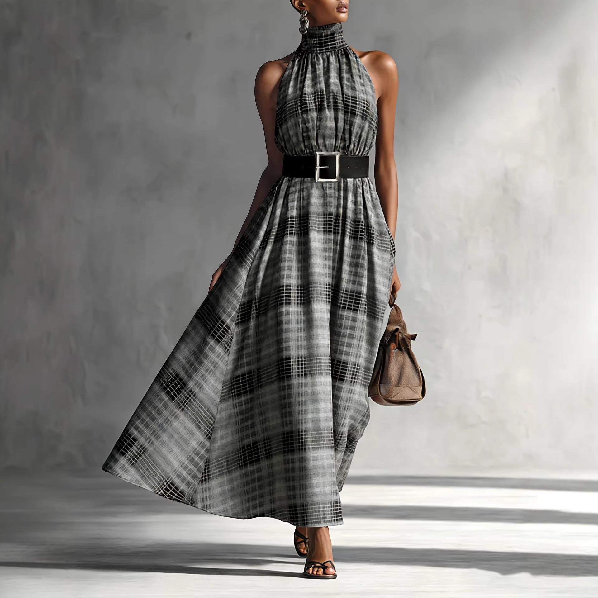Bella Mia Halter Sleeveless Plaid High Waist Lace up Waist Draping Effect Large Hem A line Dress French Dress — detail and construction