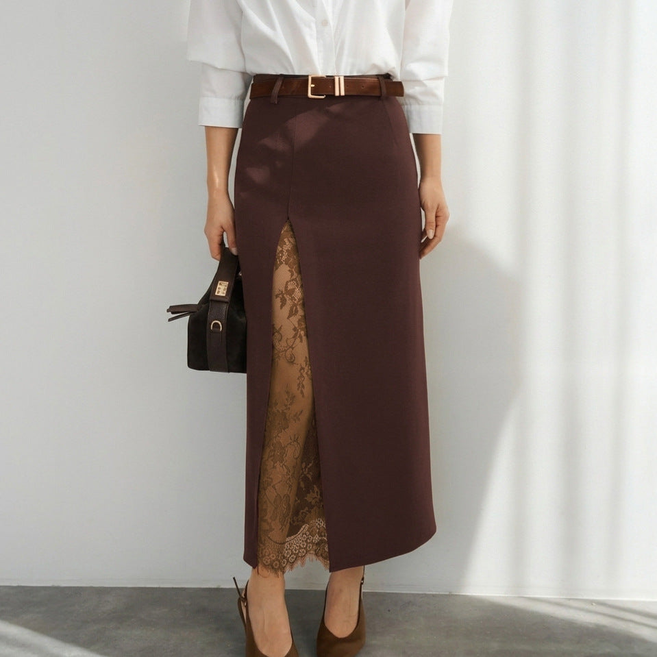 Summer Side Slit Stitching Lace Sexy See through Skirt All Matching Elegant Graceful Women Commuting Wear（Without belt）