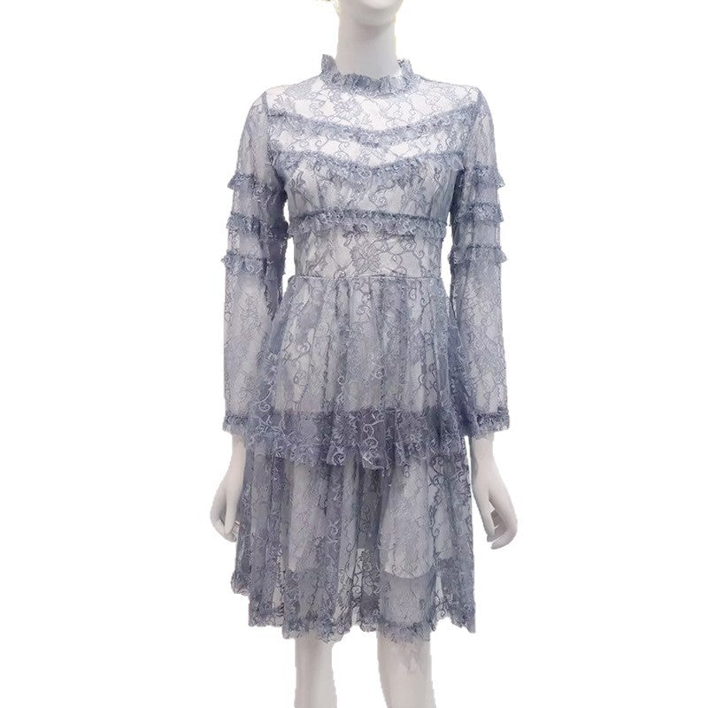 Bella Mia Spring Elegant Casual Stitching Lotus Leaf See through Printed Stand Collar High Waist Long Sleeves Dress Women — lifestyle context