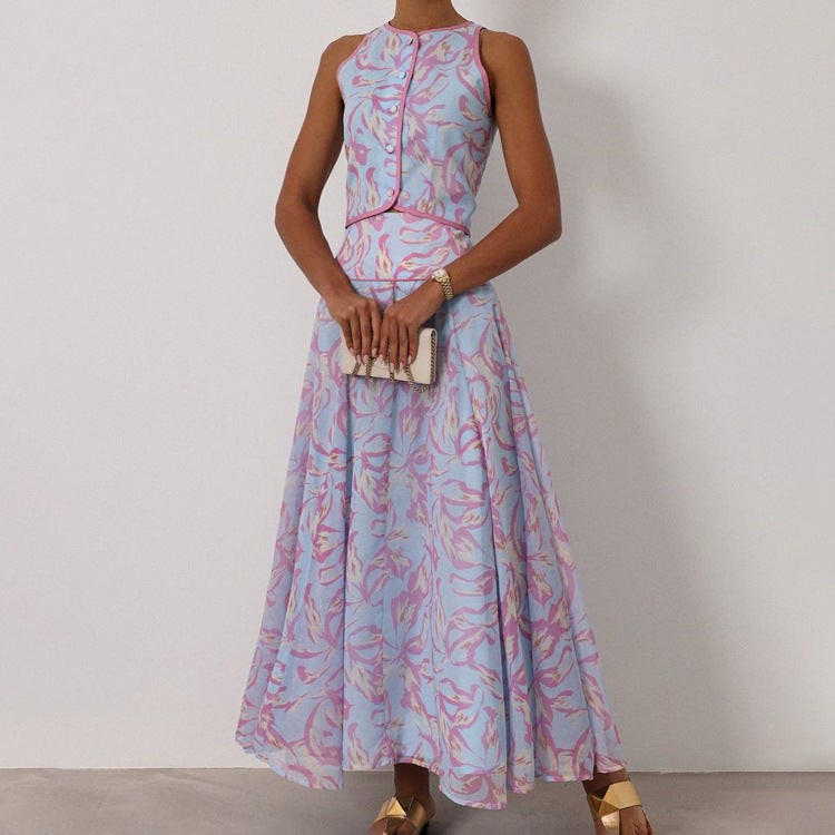Summer Printed Skirt Set Women Arrival round Neck Sleeveless Cardigan Top Skirt Two Piece Set Commuting