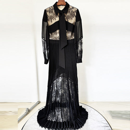 Spring Summer Star Lace Stitching Pleated Maxi Dress Floor Length Dress