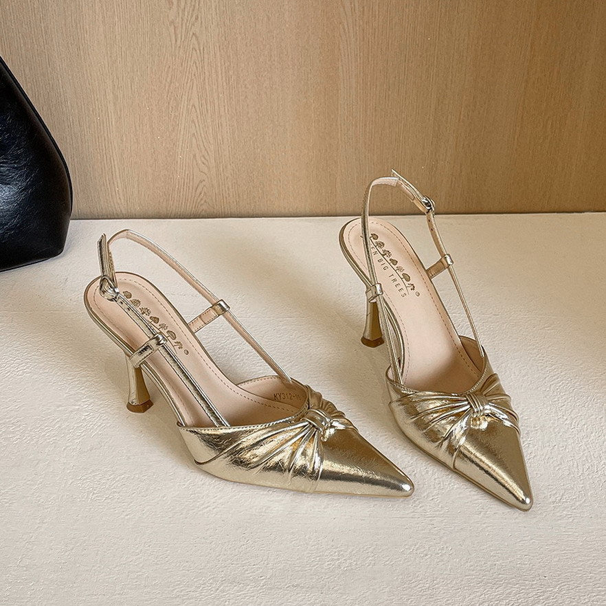 Nightclubs Goddess Stiletto Heels Bow Twisted Pana Pointed Toe Buckle Outdoor Sandals