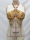 Women Colored Gemstone Beaded Chest Necklace Sexy Tassel Body Cha Bra Vest