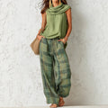 Women Retro Casual Sleeveless Top Plaid Pants Two Piece Sets