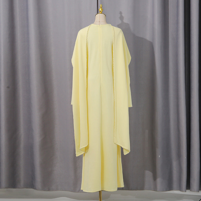 Bella Mia Elegant Solid Color Retro Heavy Industry Beautiful Pearl Shawl High Waist Dress Women — lifestyle context