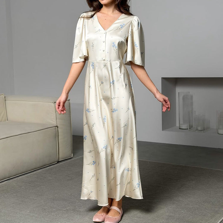 French V neck Floral Women Advanced Satin Short Sleeve High Waist Elegant Maxi Dress