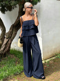 Ruffled Spaghetti Straps Wide Leg Pants Set Women Lace up Waist Controlled Slimming Vacation Two Piece Set