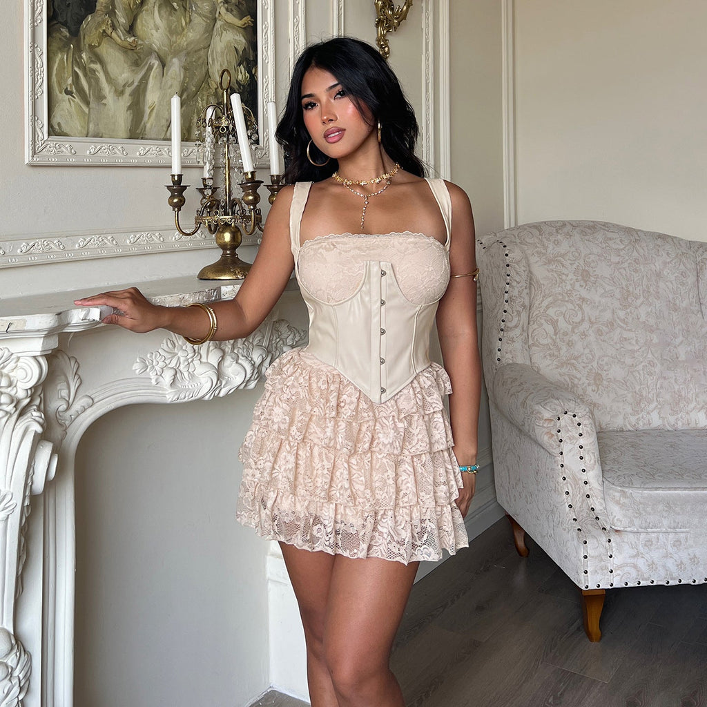 Bella Mia Sexy Leather Bra Strap Lace Stitching Puffy Tiered Dress Summer Set — branding close-up