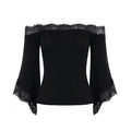 Sexy Lace Patchwork Flared Sleeves off Shoulder Top Women Elegant Solid Color T shirt