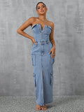 Women Clothing Casual Tube Top Tooling Large Pocket Denim Dress