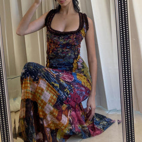 Women Clothing Summer Retro Tie Dyed Printed Sexy U Collar Slim Dress Maxi Dress