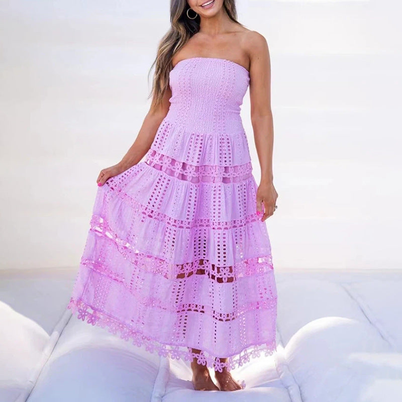 Bella Mia Casual Maxi Dress Spring High Sense Embroidery Hollow Out Cutout out Tube Top Dress Women Clothing — lifestyle context