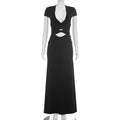 Women Clothing Autumn Solid Color Casual Short Sleeve Hollow Out Cutout Out Deep V Bare Cropped Slim Fit Maxi Dress