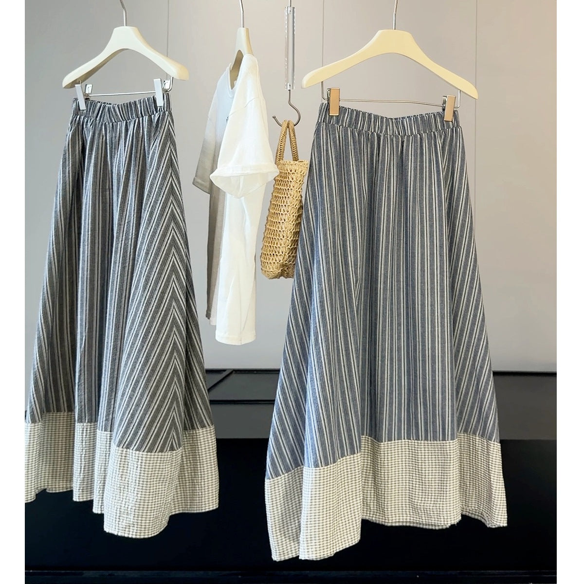Retro Plaid Stitching Striped Skirt Women Summer High Waist Slimming Drape A line Umbrella Skirt