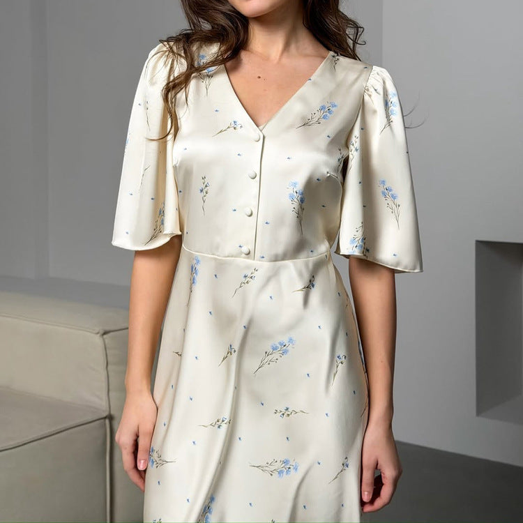 French V neck Floral Women Advanced Satin Short Sleeve High Waist Elegant Maxi Dress