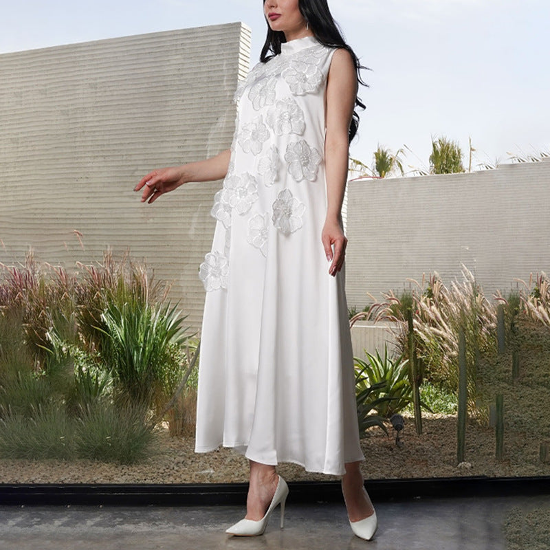 Bella Mia Dress Autumn Winter Heavy Industry Stitching Floral Sleeveless Slim Slimming Textured Dress Women — branding close-up