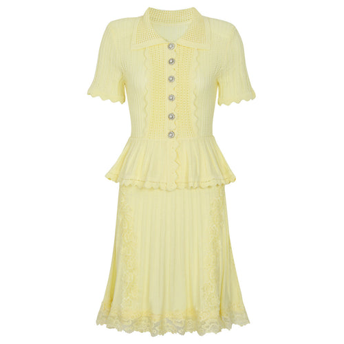 Summer Ladies Internet Popular Slim Fitting Slimming Pearl Buckle Faux Two Pieces Short Sleeve Dress