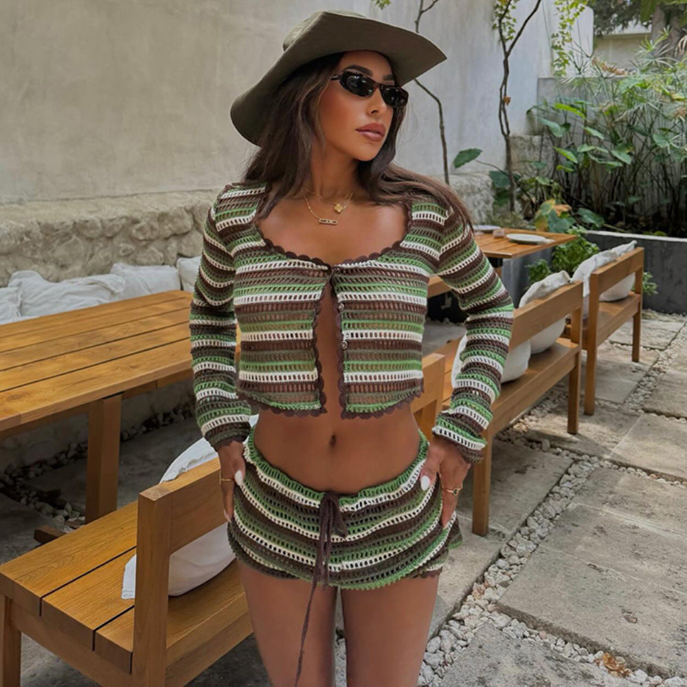 Bella Mia Women Sexy Knitted Striped Beach Bikini Swimsuit Blouse Sun Proof Skirt Set — detail and construction