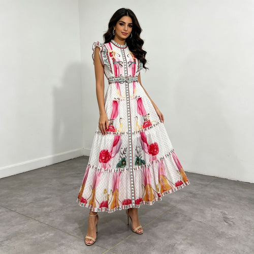 Retro Artistic Printed Dress Summer Stand Collar Ruffle Feifei Long Loose Dress Women