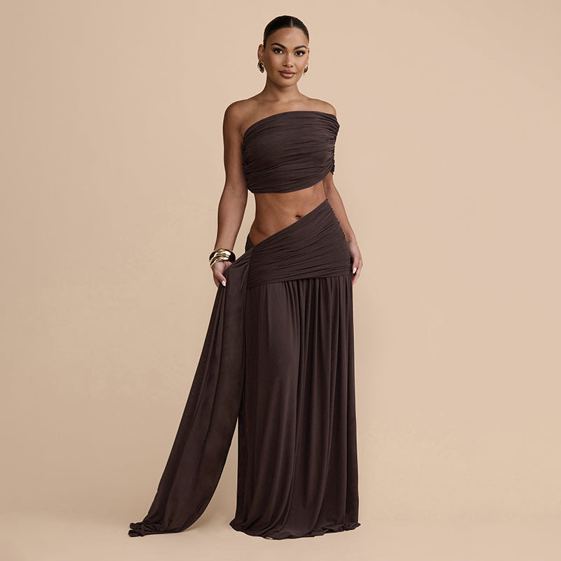 Bella Mia Women Clothing Spring Sexy Solid Color Tube Top Vest Slim Ribbon Pleated Skirt Sets — lifestyle context