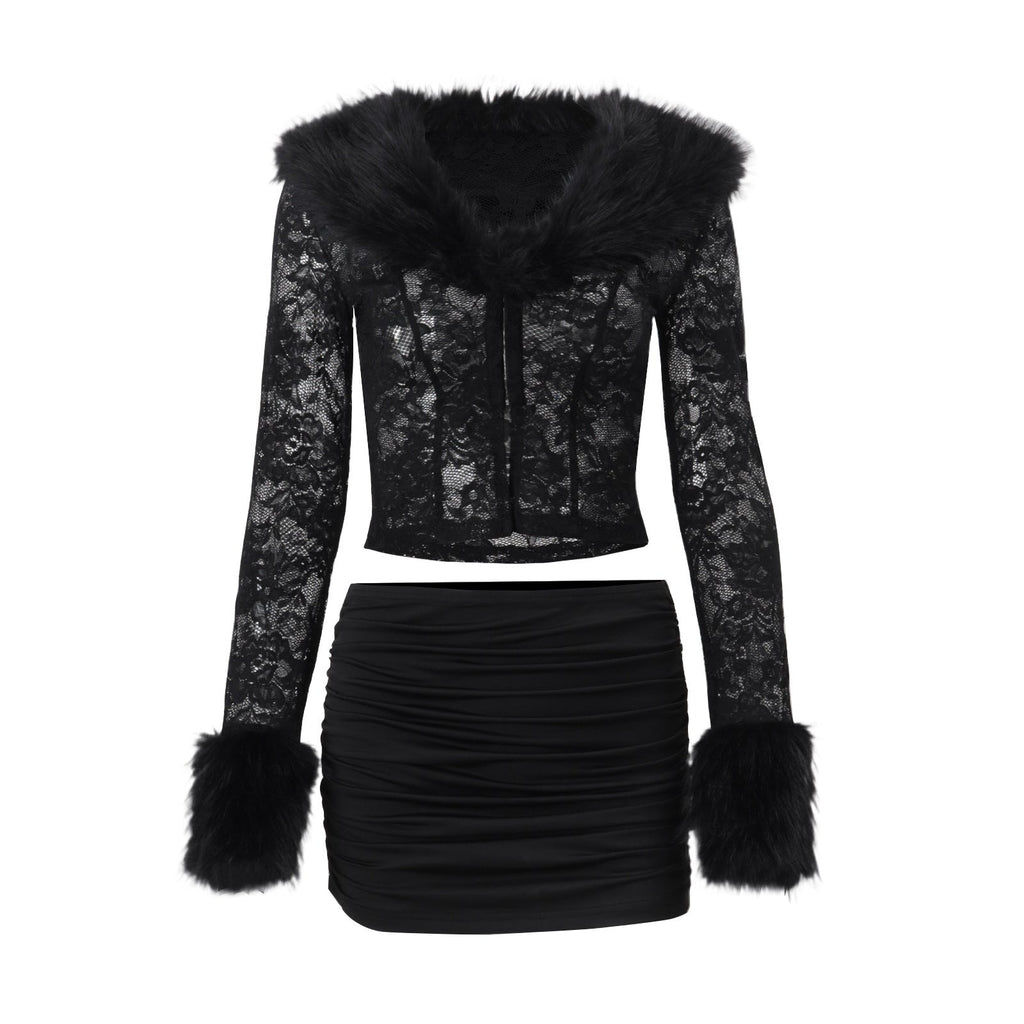 Bella Mia Women Clothing Autumn Winter Street Lace Plush Long Sleeved Top Sexy Skirt Set — alternate view
