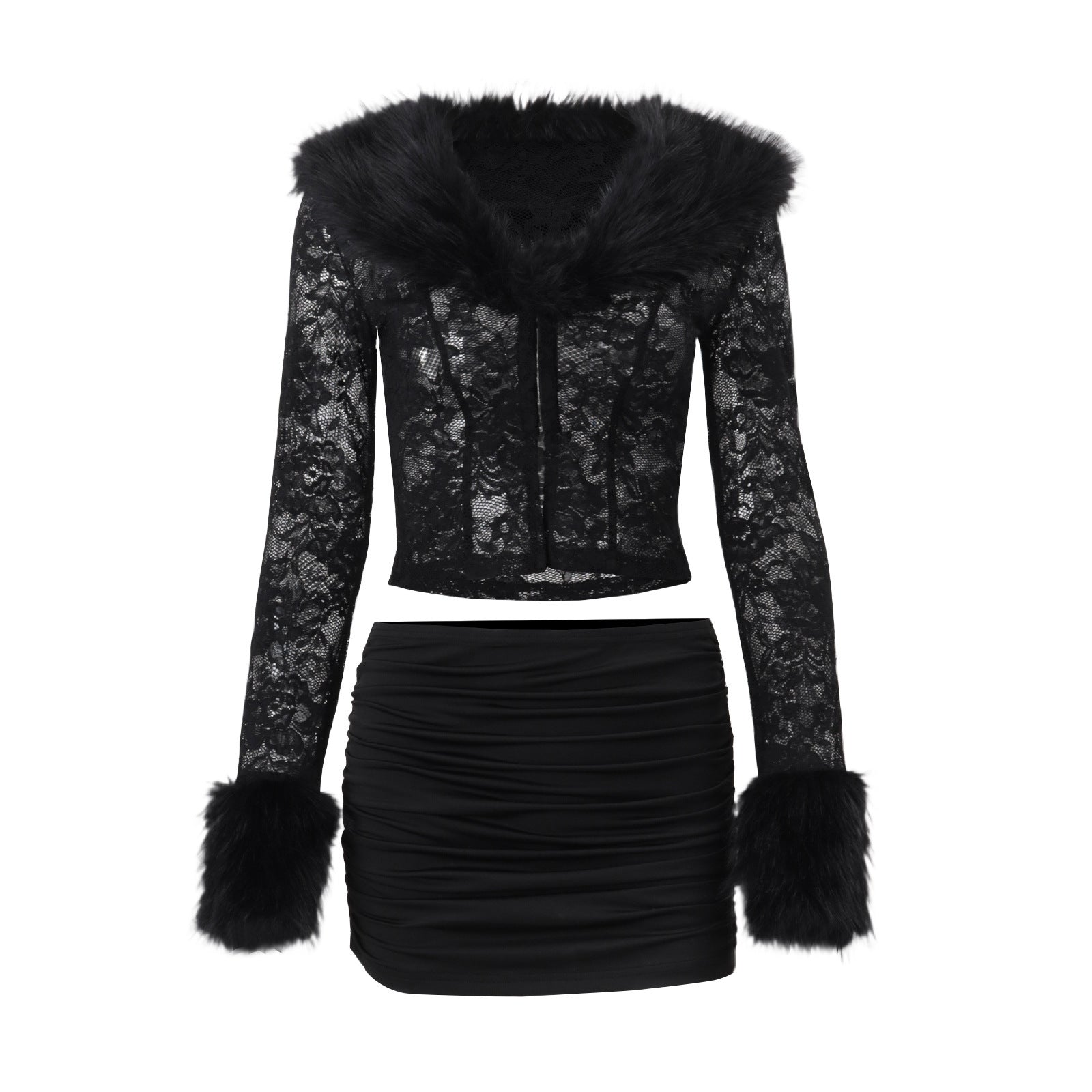 Bella Mia Women Clothing Autumn Winter Street Lace Plush Long Sleeved Top Sexy Skirt Set — alternate view