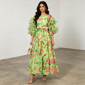 Retro Romantic Palace Rose Print Dress for Women round Neck Design Puff Sleeve Dress