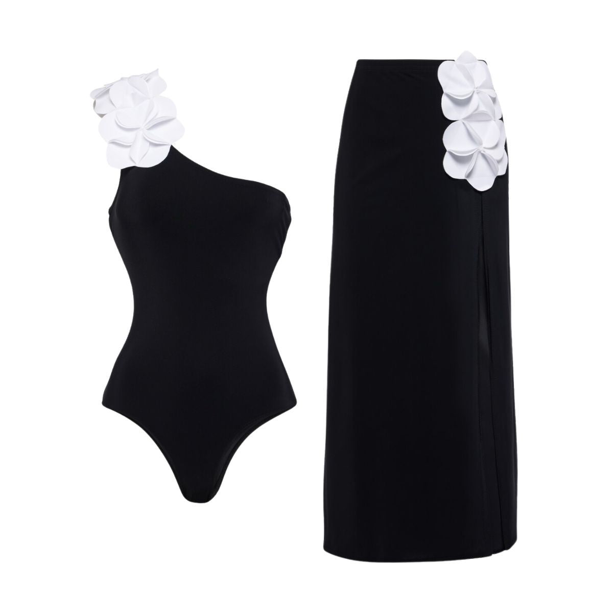 Black White Contrast Color Minimalist Floral Decoration One Piece Swimsuit Women Two Piece Sets