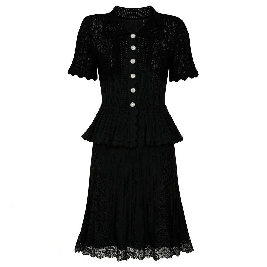 Summer Ladies Internet Popular Slim Fitting Slimming Pearl Buckle Faux Two Pieces Short Sleeve Dress