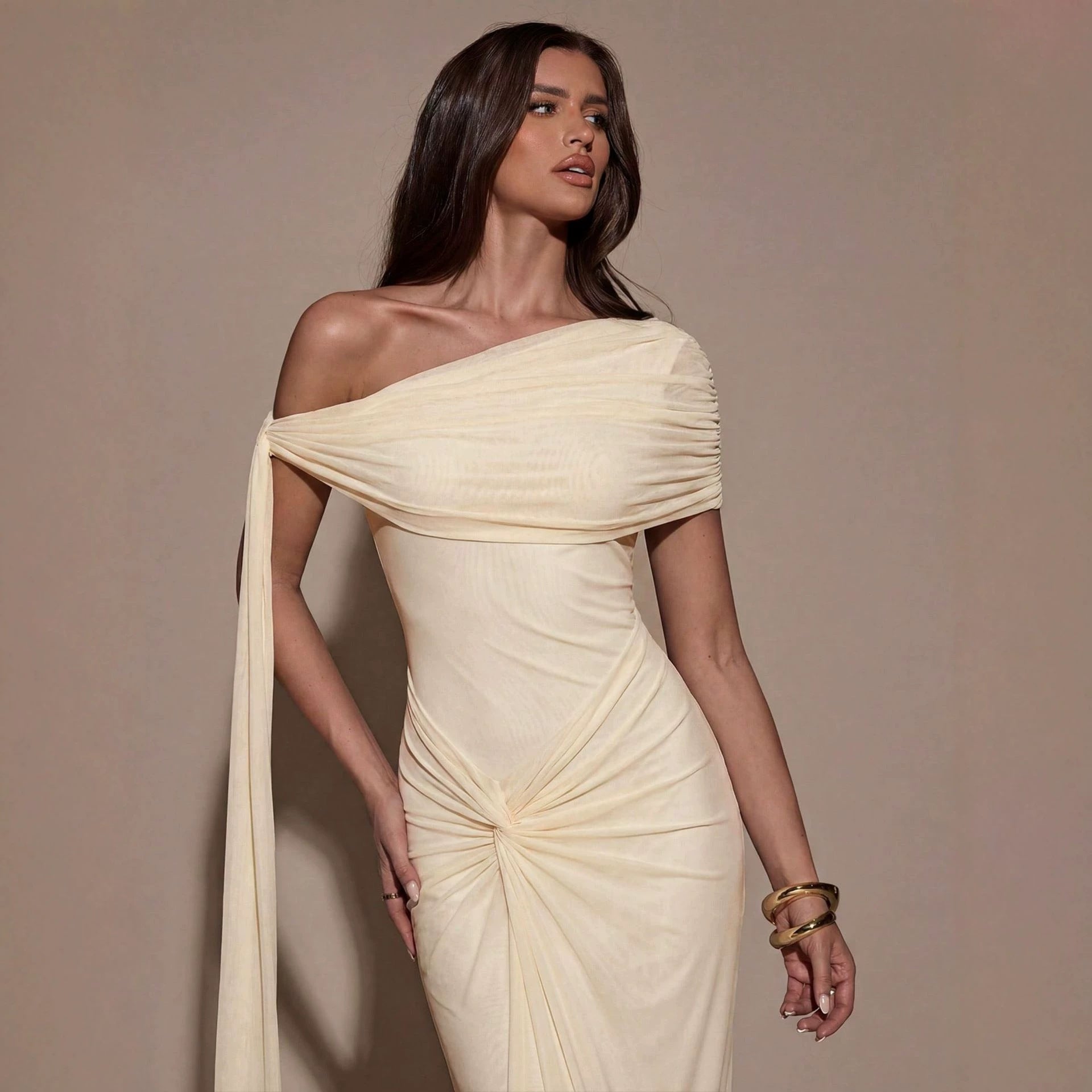 Women Clothing Oblique Shoulder Irregular Asymmetric Maxi Dress Pleated Slim Summer Dress for Women